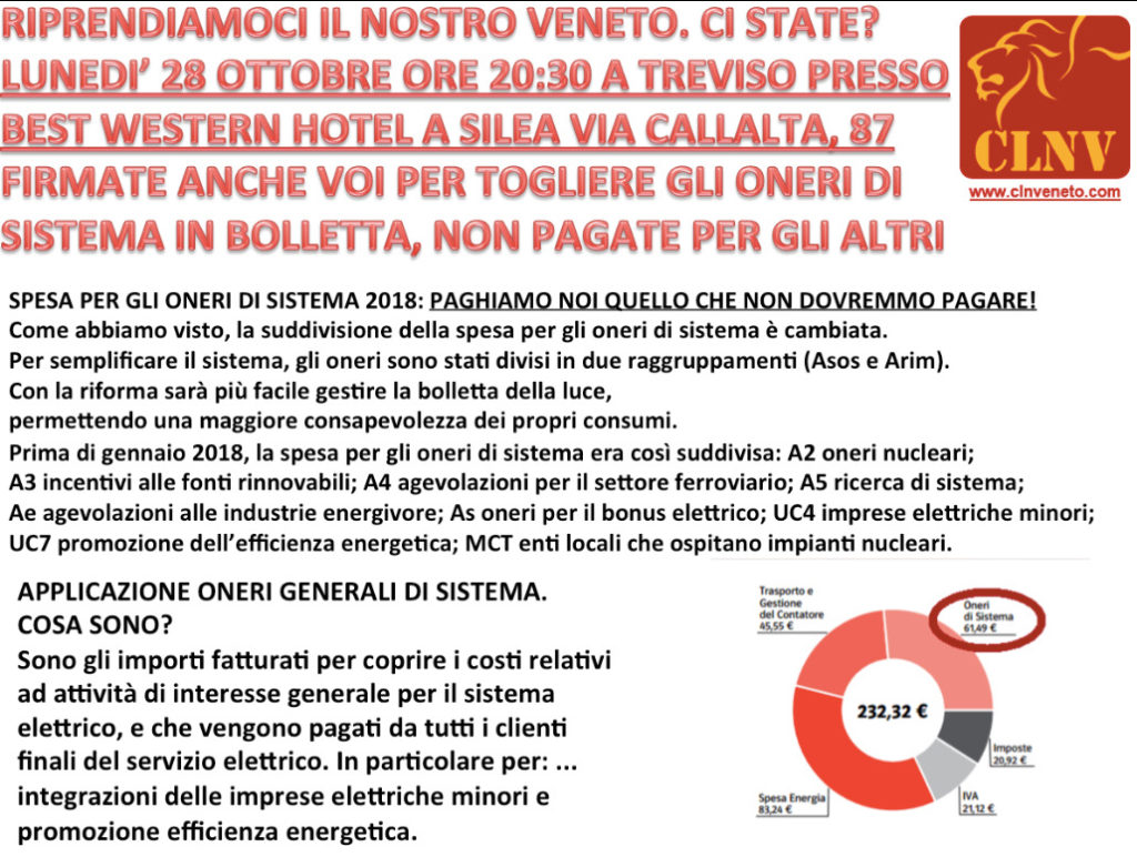 APPUNTAMENTO A TREVISO LUNEDI' 28 OTTOBRE!
Non pagate in bolletta ciò che non è dovuto: venite a firmare per togliere gli oneri di sistema, vinciamo insieme le ingiustizie! Vi aspettiamo lunedì 28 ottobre ore 20:30 a Treviso presso Best Western Hotel sito in Via Callalta, 87 Silea (TV)